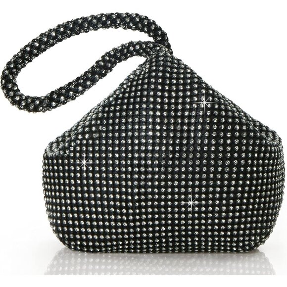 Women's Sparkly Glitter Rhinestone Triangle Black Evening Clutch Bag - Picture 1 of 6
